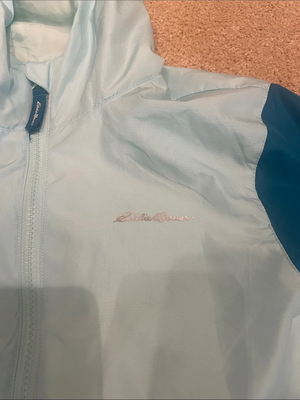 Eddie Bauer girls 2 tone teal windbreaker light hooded jacket